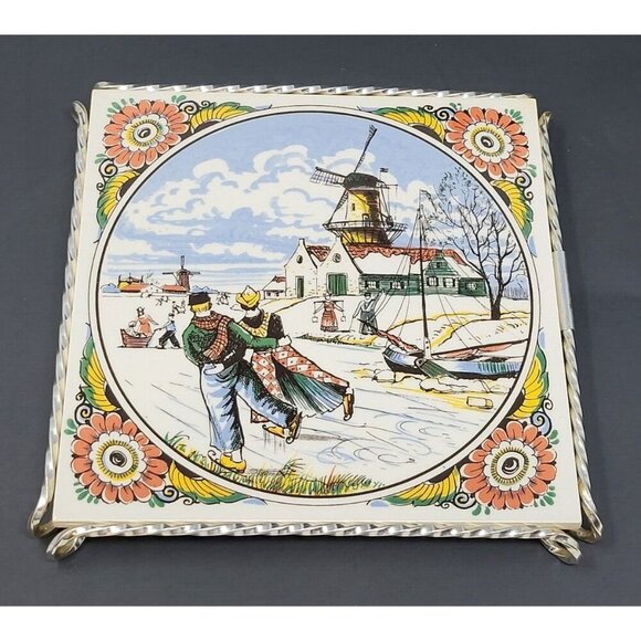 Delft Poly Schoonhoven Keramiek Holland I Windmill winter Tile Art Trivet - Picture 3 of 6